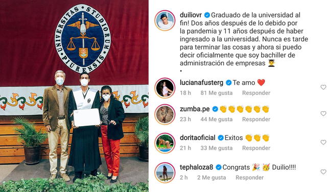 1.10.2021 | Post de Duilio Vallebuona sobre su graduación de administración de empresas por la Universidad de Piura. Foto: Duilio Vallebuona / Instagram