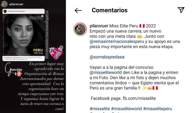 19.2.2022 | Publicaciones de Pilar Orué sobre Miss Elite World 2022. Foto: Pilar Orué/Instagram