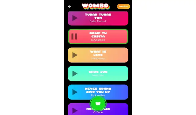 Canciones disponibles en la aplicación. Foto: captura de Wombo