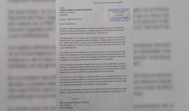 Carta de renuncia del general en retiro. Foto: La República