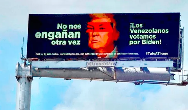 Campaña electoral en Estados Unidos: panel electrónico proyecta una imagen de Trump con los ojos de Hugo Chávez