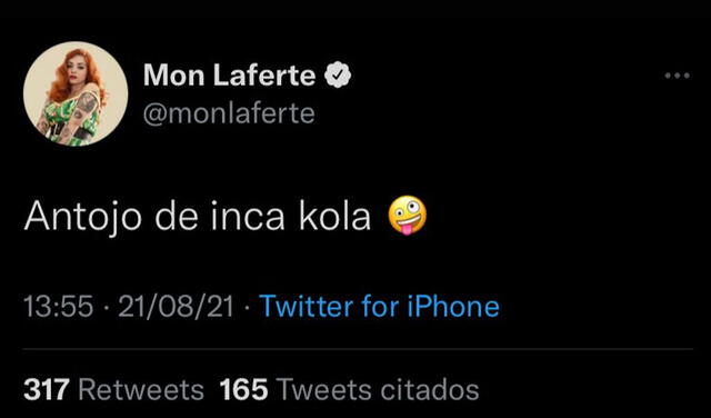 21.8.2021 | Tuit de Mon Laferte comentando su antojo por la gaseosa peruana. Foto: captura  Mon Laferte / Twitter