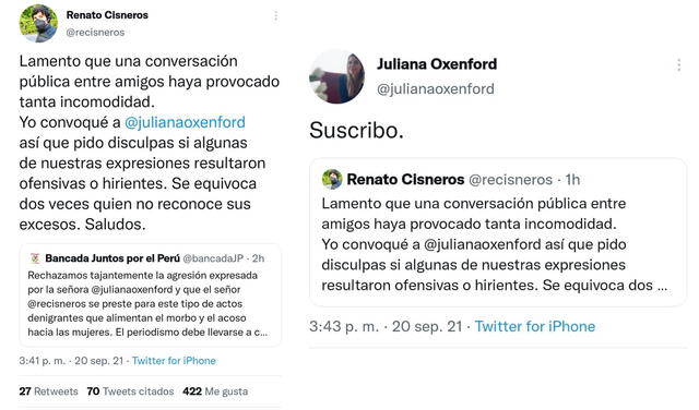 20.9.2021 | Tuit de Renato Cisneros sobre su conversación con Juliana Oxenford. Foto: captura Renato Cisneros / Twitter