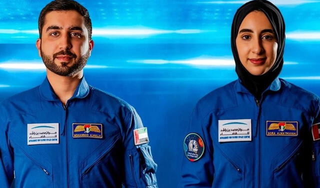 Los astronautas Mohammed al-Mulla, y Noura al-Matrooshi. Foto: Agencia WAM
