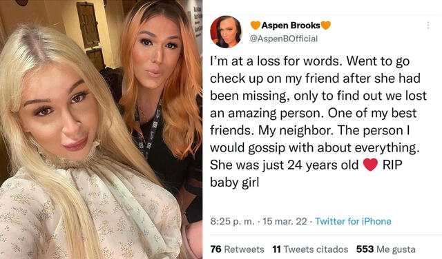15.3.2022 | Tuit de Aspen Brooks lamentando la muerte de Angelina Please. Foto: captura  Aspen Brooks/Twitter