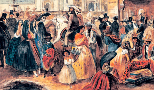 LIMA. En la ciudad había crecido la población de españoles peninsulares y americanos. Un dibujo de Rugendas, luego de la independencia.