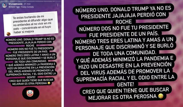 25.10.2021 | Historia de Bruno Pinasco en respuesta a usuaria pro Trump. Foto: captura Bruno Pinasco / Instagram