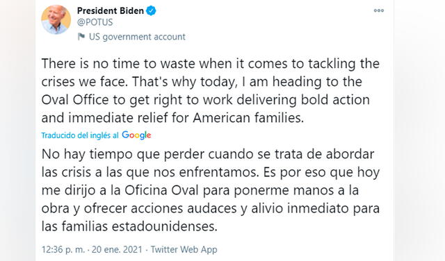 “No hay tiempo que perder”: primer tuit de Biden como presidente de EE. UU.