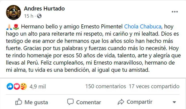 20.9.2020 | Post de  Andrés Hurtado felicitando a Ernesto Pimentel por su cumpleaños. Crédito: captura Facebook
