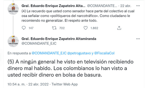 Respuesta del general Zapateiro a declaraciones de Petro. Foto: Twitter