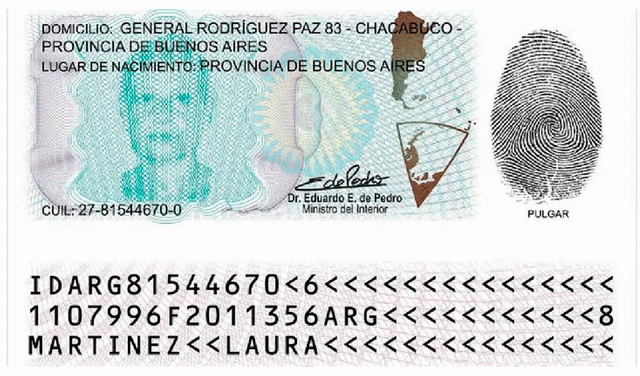 Reverso del nuevo DNI argentino. Foto. Ministerio del Interior de la Nación Reverso del nuevo DNI argentino. Foto. Ministerio del Interior de la Nación