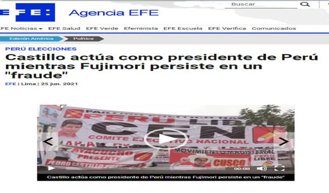 La portada de EFE sobre la realidad política en Perú. Foto: captura de pantalla