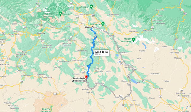 Tiempo de viaje estimado entre Cusco y Chumbivilcas. Foto: Google Maps