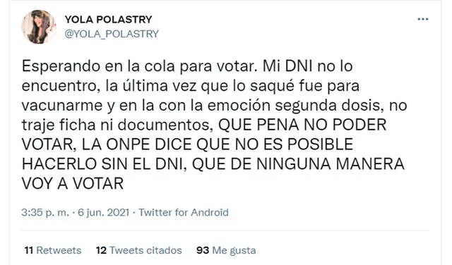 6.6.2021 | Tweet de Yola Polastry explicando que no encontró su DNI. Foto: captura  Yola Polastry / Twitter