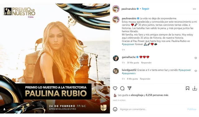Paulina Rubio se siente agradecida por el reconocimiento a su trayectoria.