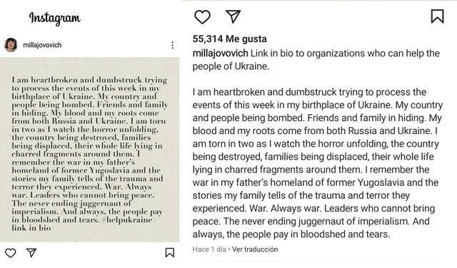 25.2.2022 | Publicación de Milla Jovovich sobre la guerra entre de Rusia y Ucrania. Foto: Milla Jovovich/Instagram