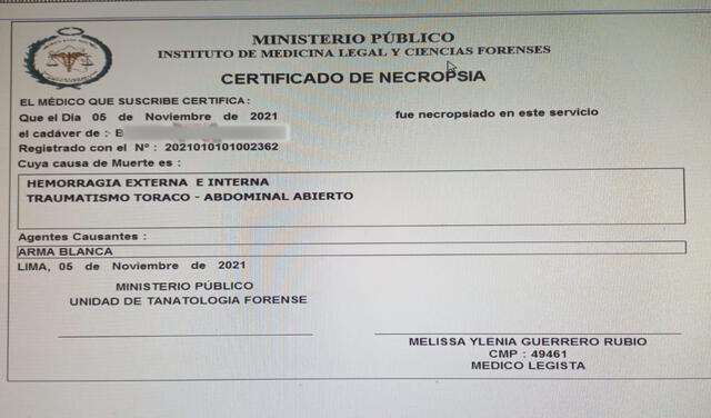 Certificado de Necropsia. Foto: PNP