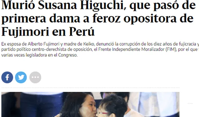 Captura de El Diario de Argentina sobre el fallecimiento de Susana Higuchi.