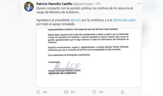 Carta de renuncia del Ministro de Gobierno de Ecuador. Foto: captura Twitter
