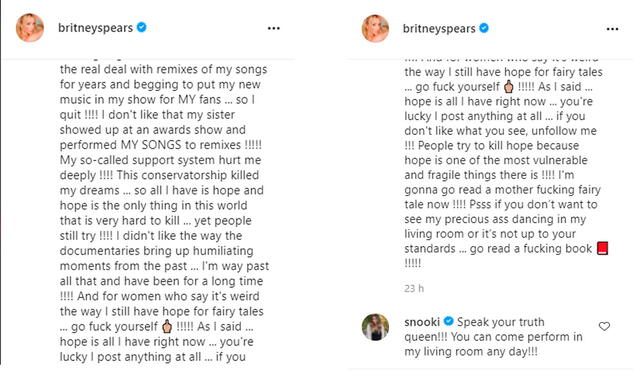 17.7.2021 | Segunda parte del Post de Britney Spears anunciando que renuncia a su carrera artística. Foto: captura Britney Spears / Instagram