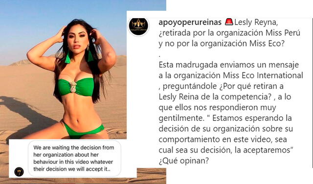 12.2.2021 | Post de Apoyo Perú Reinas  con la respuesta de la directora de Miss Eco Internacional sobre Lesly Reyna. Foto: captura Apoyo Perú Reinas / Instagram