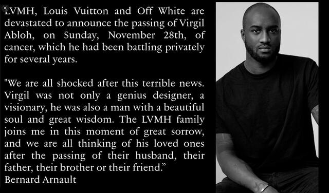 28.11.2021 | Publicación en el Twitter de la marca Louis Vuitton, lamentando la muerte de Virgil Abloh. Foto: captura  LVMH/Twitter