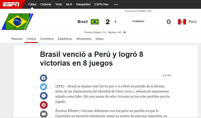 "Éverton Ribeiro y Neymar definieron con sus goles un partido en que la Canarinha no encontró resistencia" destaca el portal internacional. Foto: ESPN.