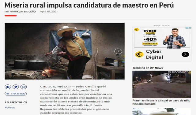 Así tituló AP su reportaje sobre Pedro Castillo. Foto: captura de pantalla