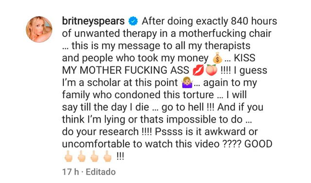 21.5.2022 | Publicación de Britney Spears contra sus terapeutas. Foto: captura Instagram