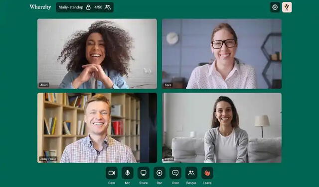 Las reuniones gratuitas solo pueden ser de cuatro personas. Foto: Whereby Las reuniones gratuitas solo pueden ser de cuatro personas. Foto: Whereby