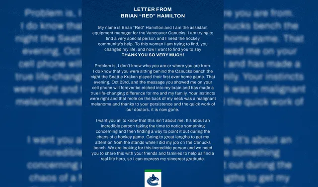Carta pública de Brian Hamilton. Foto: Twiiter/Canucks