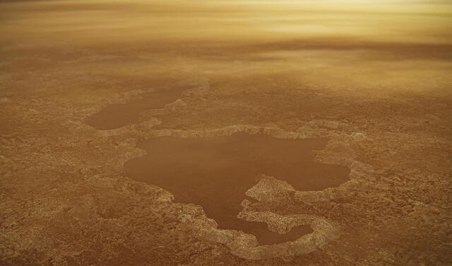 Representación artística de un lago de Titán. Los cuerpos acuáticos pueden ser de metano o etano  | Foto: NASA/JPL-CALTECH