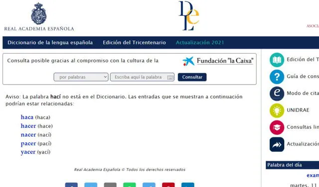 El término 'hací' no aparece en ninguna parte del diccionario de la RAE. Foto: captura de dle.rae.es