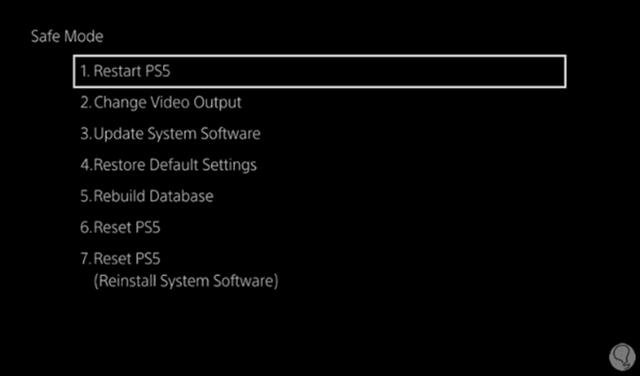 Opciones que muestra la PS5 en el modo seguro Opciones que muestra la PS5 en el modo seguro