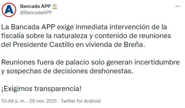 Twitter de la bancada de Alianza para el Progreso (APP).