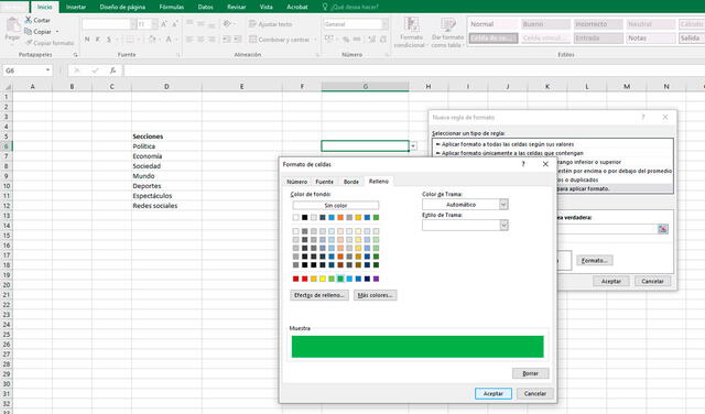 Pasos para crear una lista desplegable con colores en Excel. Foto: captura