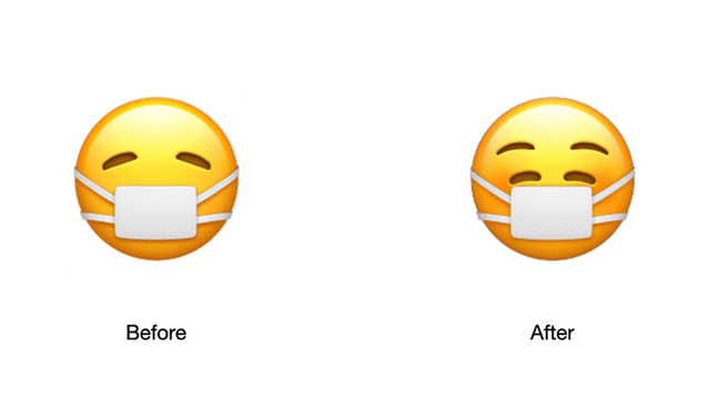 El emoji con mascarilla médica antes y después de la actualización a iOS 14.2 beta 2. Foto: Apple / Emojipedia