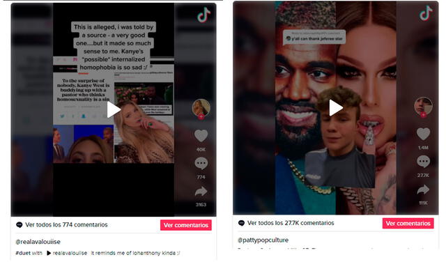 Captura de cuentas de TikTok que afirman un romance secreto entre Jeffree Star y Kanye West. Foto: Ava Louise y  Pattypopculture / TikTok