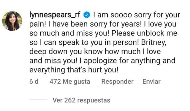1.10.2022 | Comentario de Lynne Spears pidiendo disculpas a su hija. Foto: captura Britney Spears/Instagram