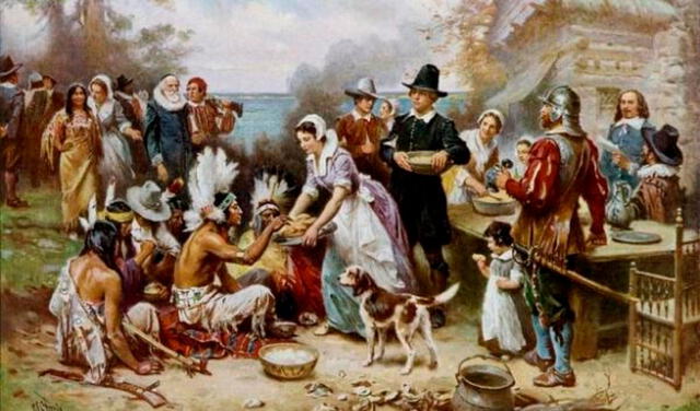 La tradición indica que el primer Día de Acción de Gracias se celebró con un banquete compartido por colonos y nativos. Foto: Biblioteca del Congreso de Estados Unidos