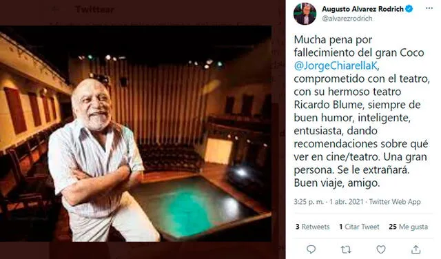 1.4.2021 | Tweet  de Augusto Álvarez Rodrich sobre la muerte de Jorge 'Coco' Chiarella. Foto: Augusto Álvarez Rodrich / Twitter