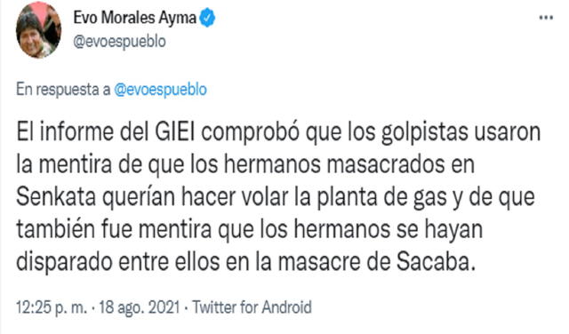 Evo Morales sobre el informe del GIEI. Foto: @evoespueblo/Twitter