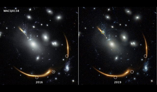 Izquierda: imágenes reflejadas de la supernova en 2016. Derecha: desaparecen los reflejos y se predice un nuevo lugar donde volverá a aparecer. Fotos: S. Rodney et al/ Nature Astronomy