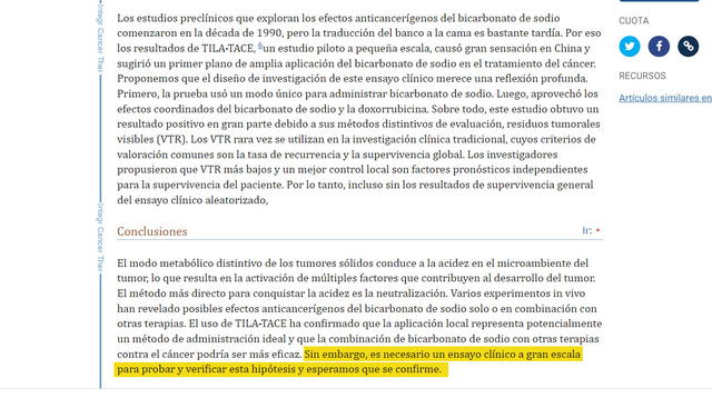 Artículo de revisión del bicarbonato de sodio y el cáncer. Foto: captura en web / Pubmed.