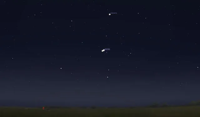 Júpiter y Mercurio en el cielo de Lima el 5 de marzo después de las 5 a. m. Se puede ver a Saturno más arriba. Imagen: Stellarium