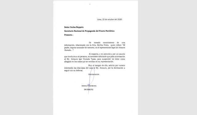 Documento de renuncia presentado por Américo Prieto. Foto: Captura de documento.