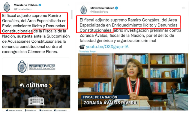 Tweet sobre investigación preliminar contra la fiscal de la Nación no pertenece al Ministerio Público. Fuente: Composición.