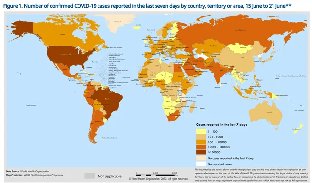 Mapa con el número de casos confirmados de COVID-19 a nivel mundial en los últimos 7 días. | Foto: Organización Mundial de la Salud.