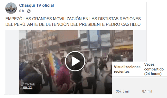 El video de las supuestas "movilizaciones ante la detención de Pedro Castillo" fue compartido más de 8.000 veces. Foto: captura El video de las supuestas "movilizaciones ante la detención de Pedro Castillo" fue compartido más de 8.000 veces. Foto: captura