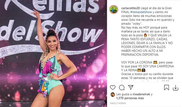 28.8.2021 | Post de Carla ‘Cotito’ Rueda  ante la final de Reinas del show. Foto: captura Carla Rueda  / Instagram